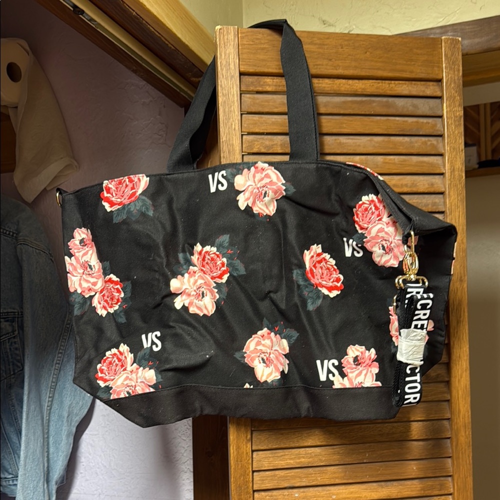 Victoria's Secret Black and Pink Floral Tote